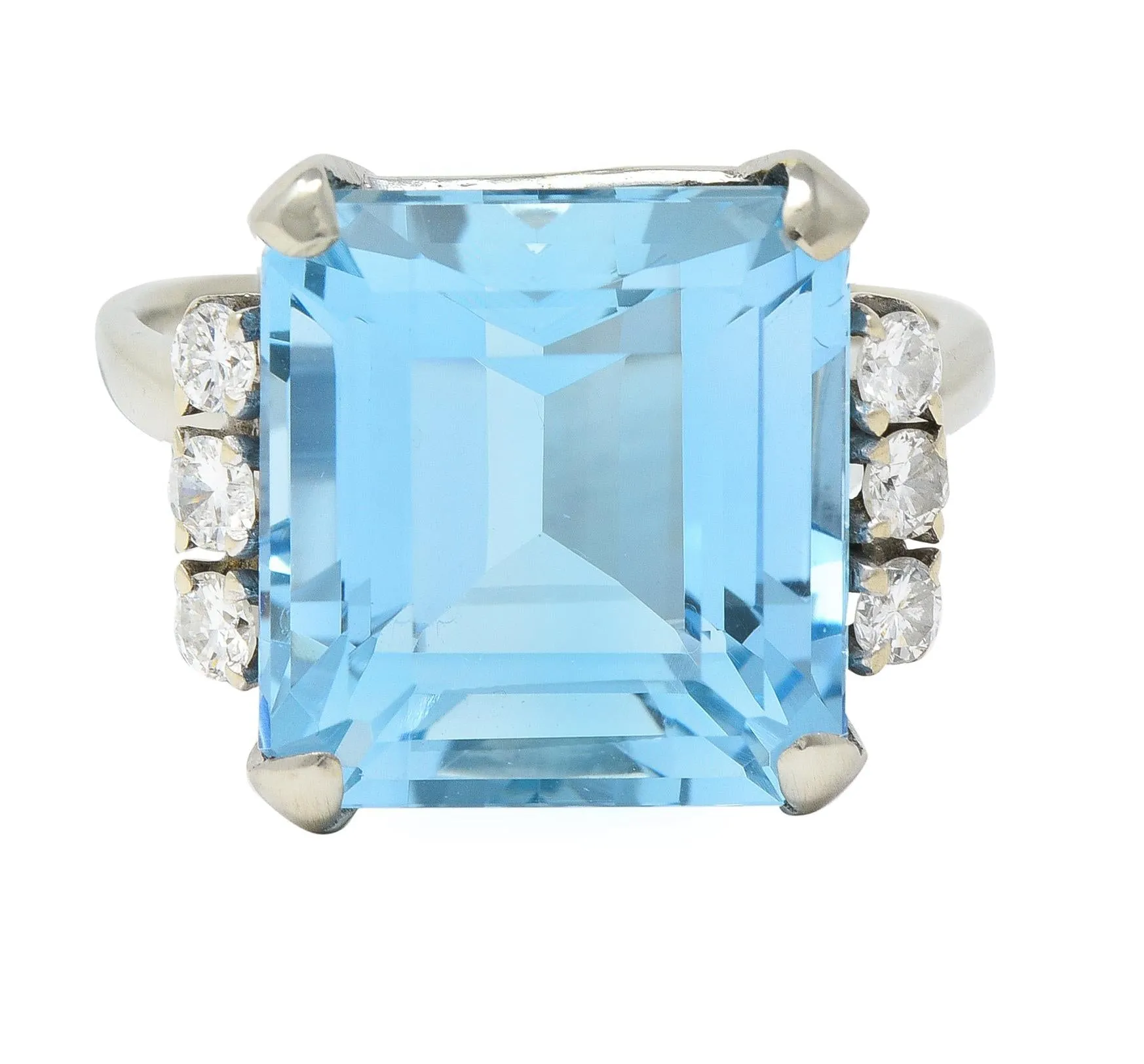 Mid-Century 9.41 CTW Aquamarine Diamond 14 Karat White Gold Vintage Cocktail Ring