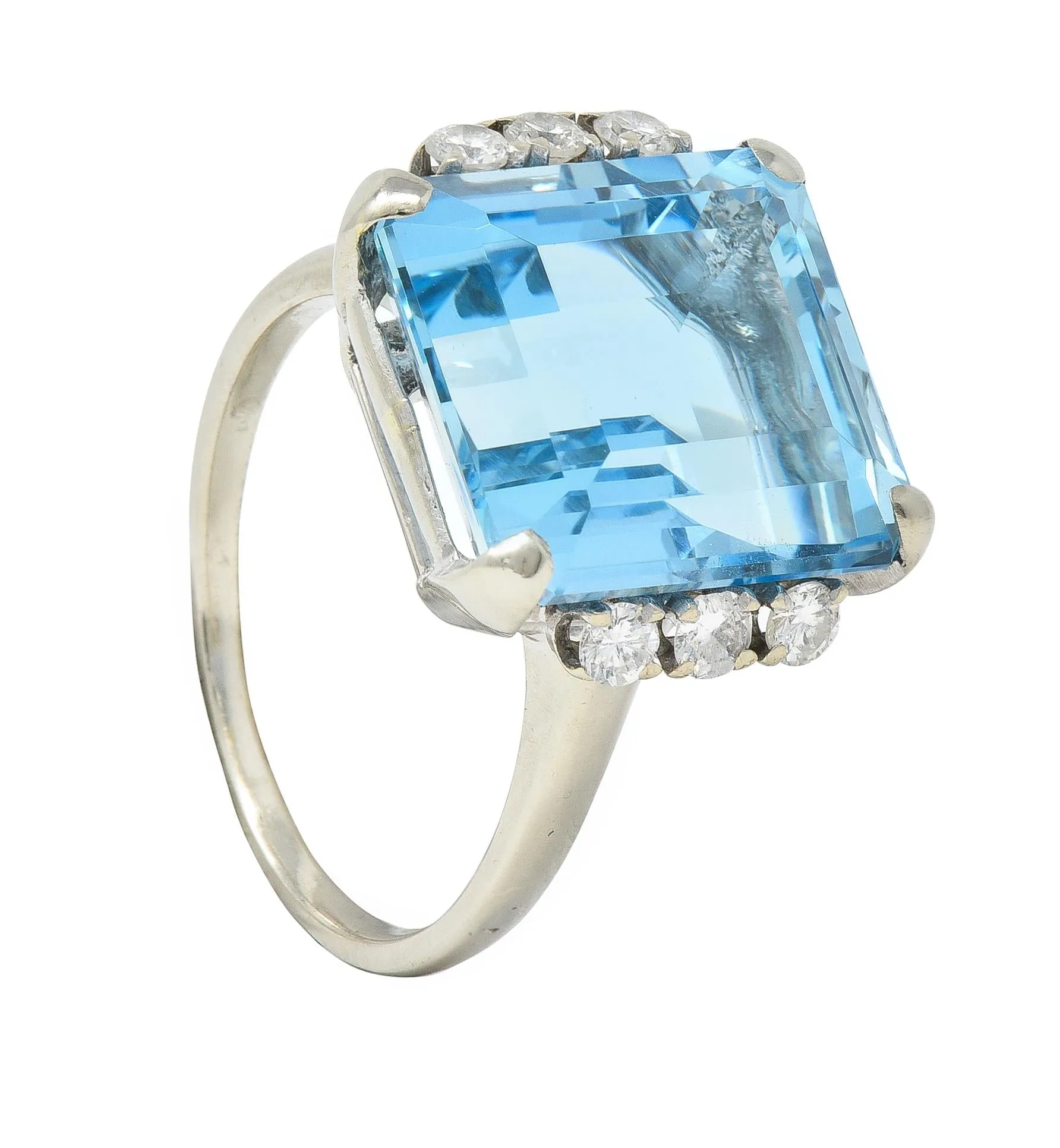 Mid-Century 9.41 CTW Aquamarine Diamond 14 Karat White Gold Vintage Cocktail Ring