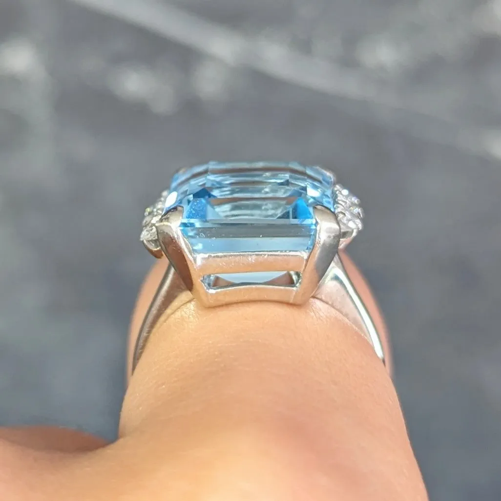 Mid-Century 9.41 CTW Aquamarine Diamond 14 Karat White Gold Vintage Cocktail Ring