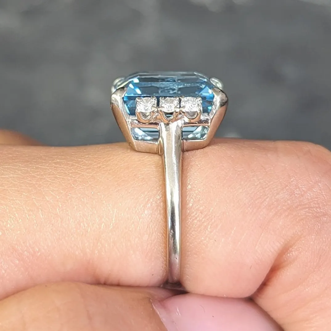 Mid-Century 9.41 CTW Aquamarine Diamond 14 Karat White Gold Vintage Cocktail Ring