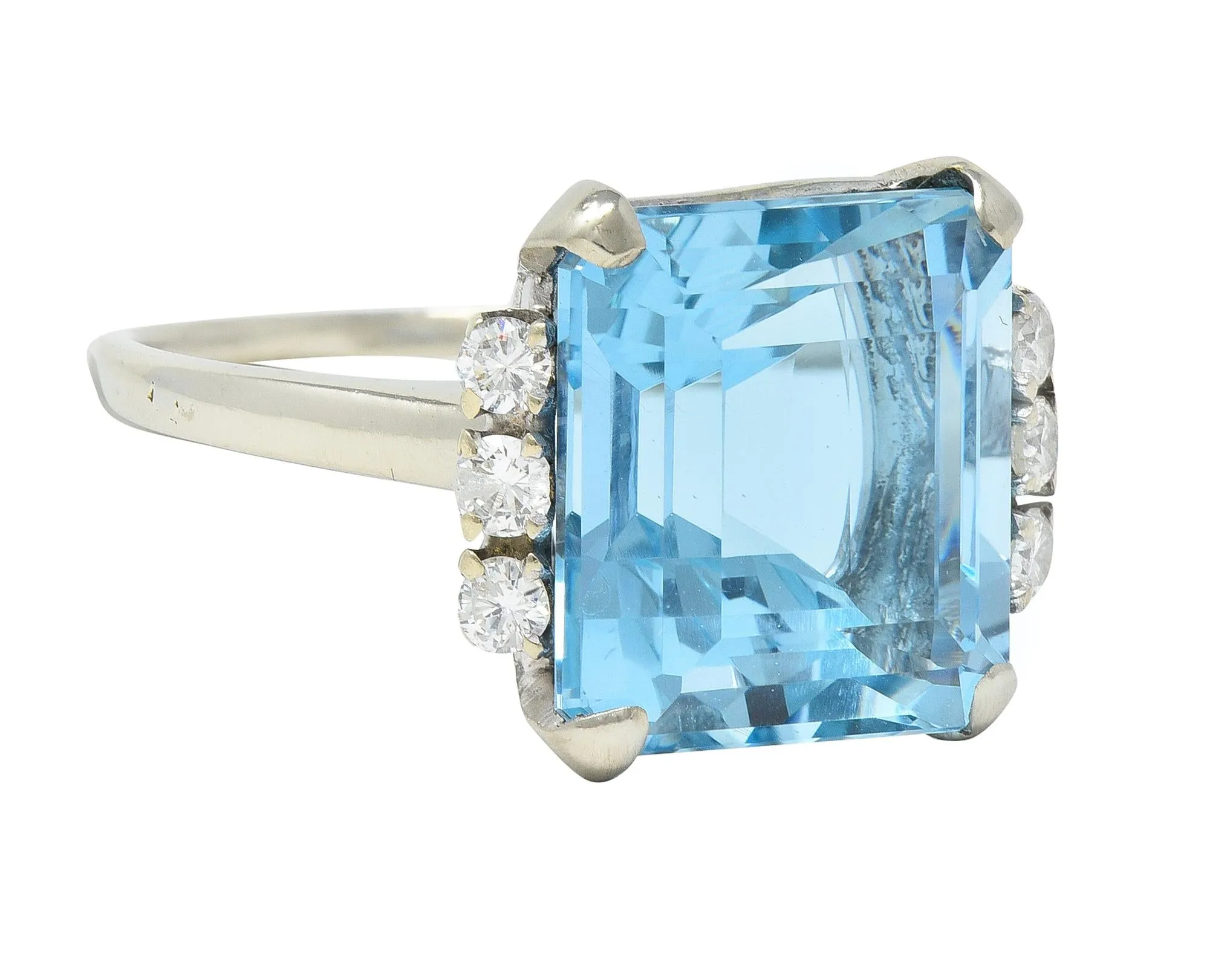 Mid-Century 9.41 CTW Aquamarine Diamond 14 Karat White Gold Vintage Cocktail Ring