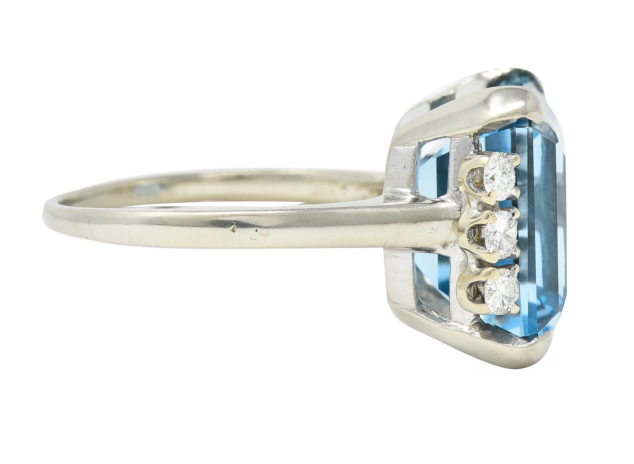 Mid-Century 9.41 CTW Aquamarine Diamond 14 Karat White Gold Vintage Cocktail Ring