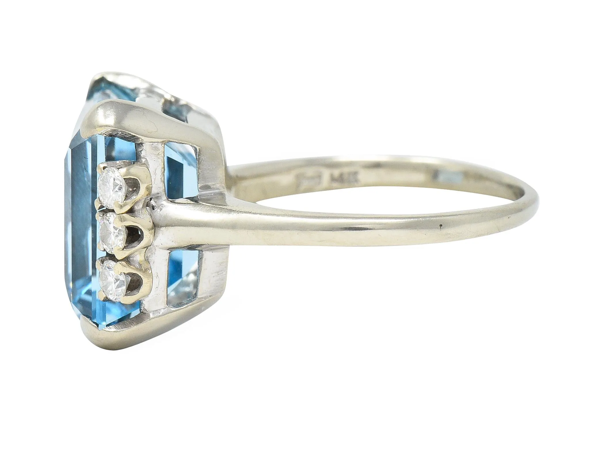 Mid-Century 9.41 CTW Aquamarine Diamond 14 Karat White Gold Vintage Cocktail Ring