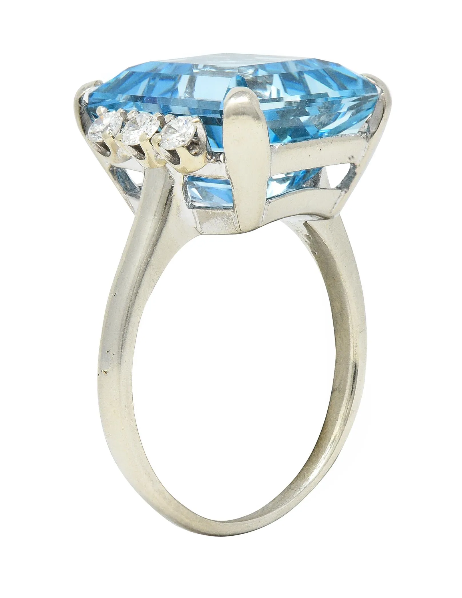 Mid-Century 9.41 CTW Aquamarine Diamond 14 Karat White Gold Vintage Cocktail Ring