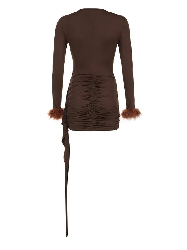 Momnfancy Chic Brown Cutout Side Draped Ruffle Feather Fluffy Babyshower Maternity Party Mini Dress