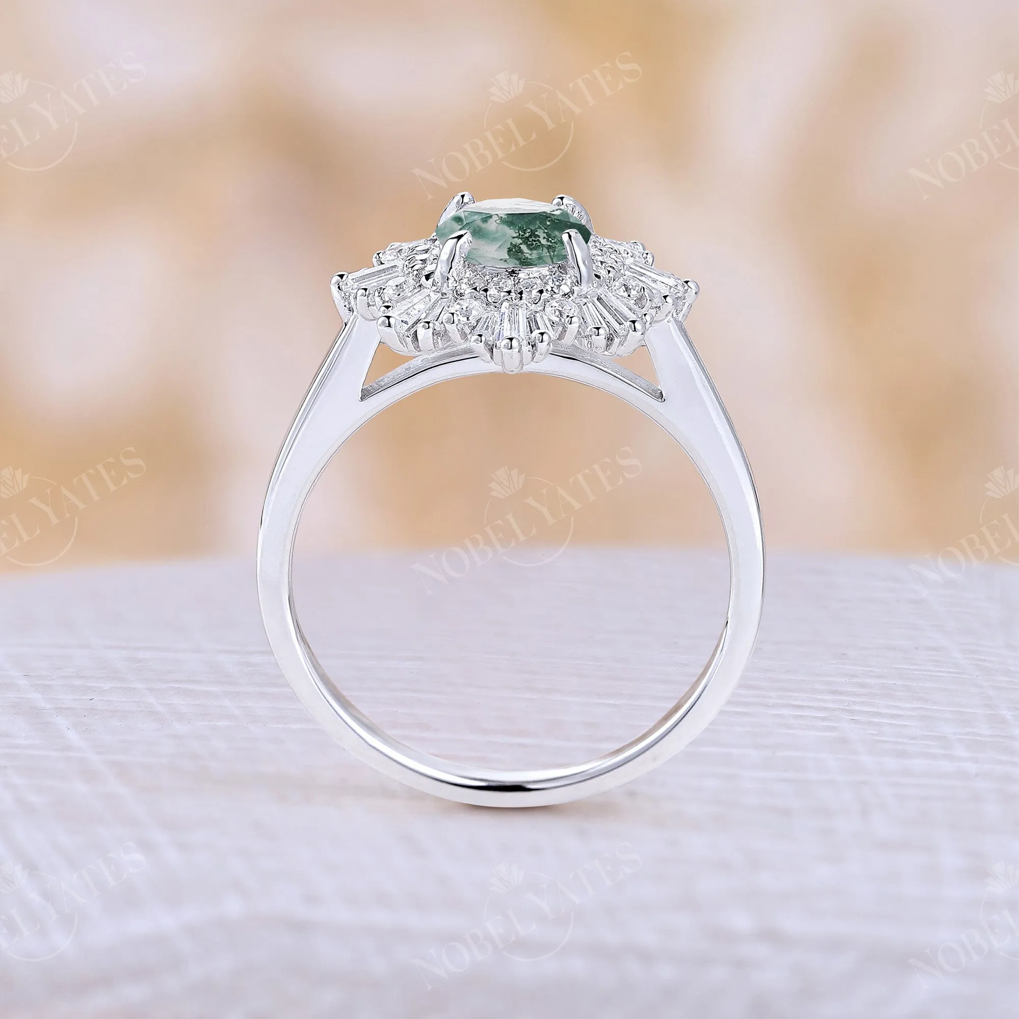 Moss Agate Art Deco Round Halo Engagement Ring White Gold