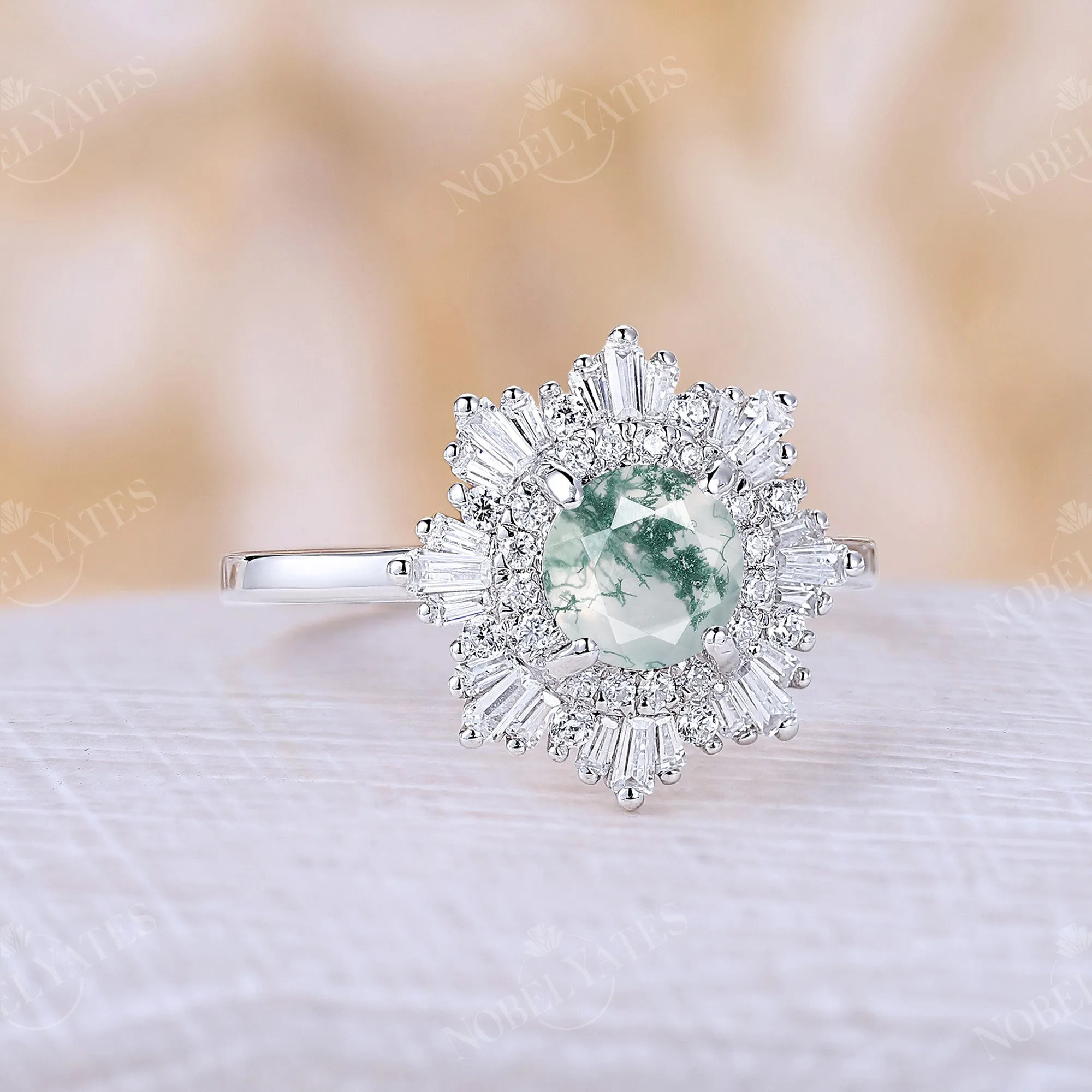 Moss Agate Art Deco Round Halo Engagement Ring White Gold