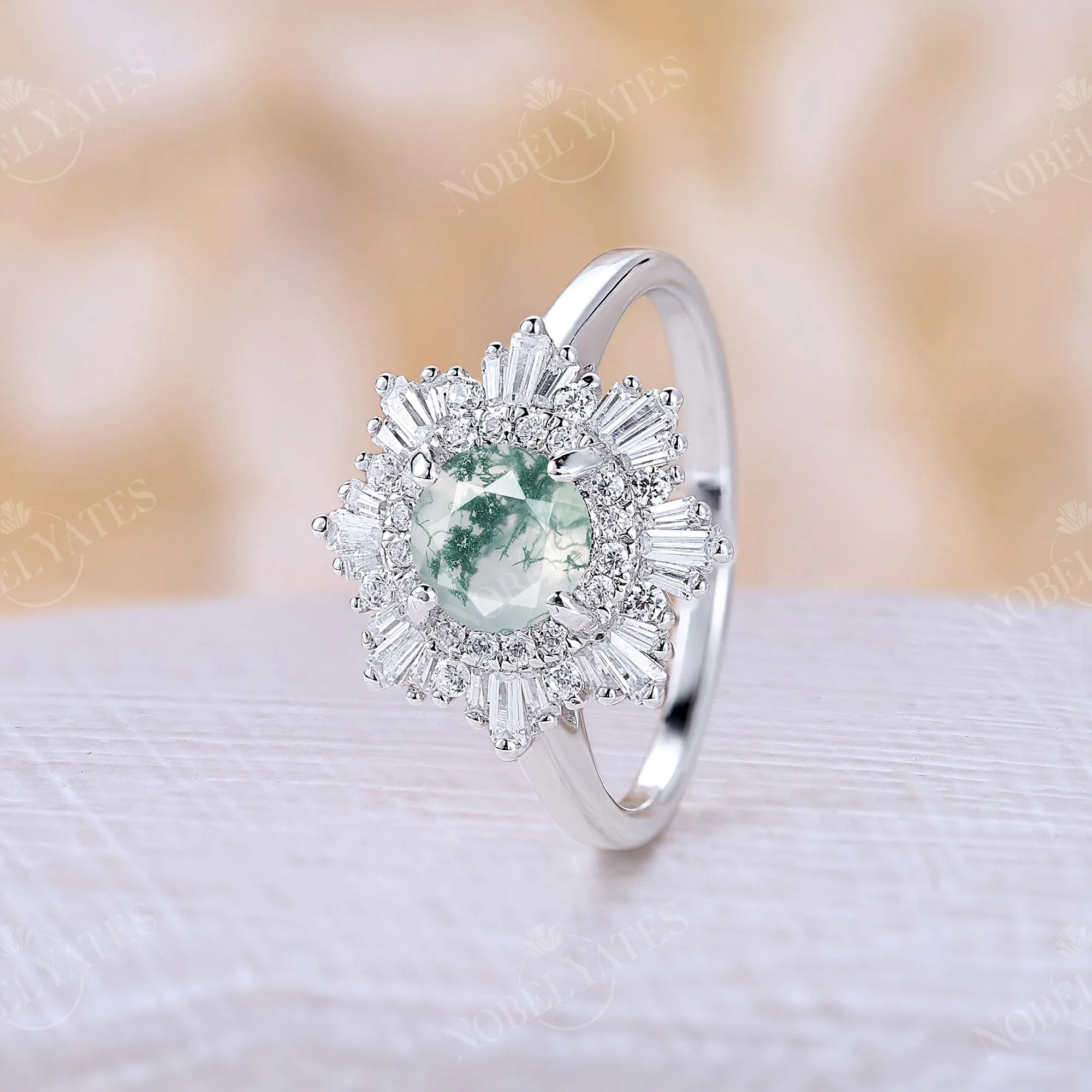 Moss Agate Art Deco Round Halo Engagement Ring White Gold