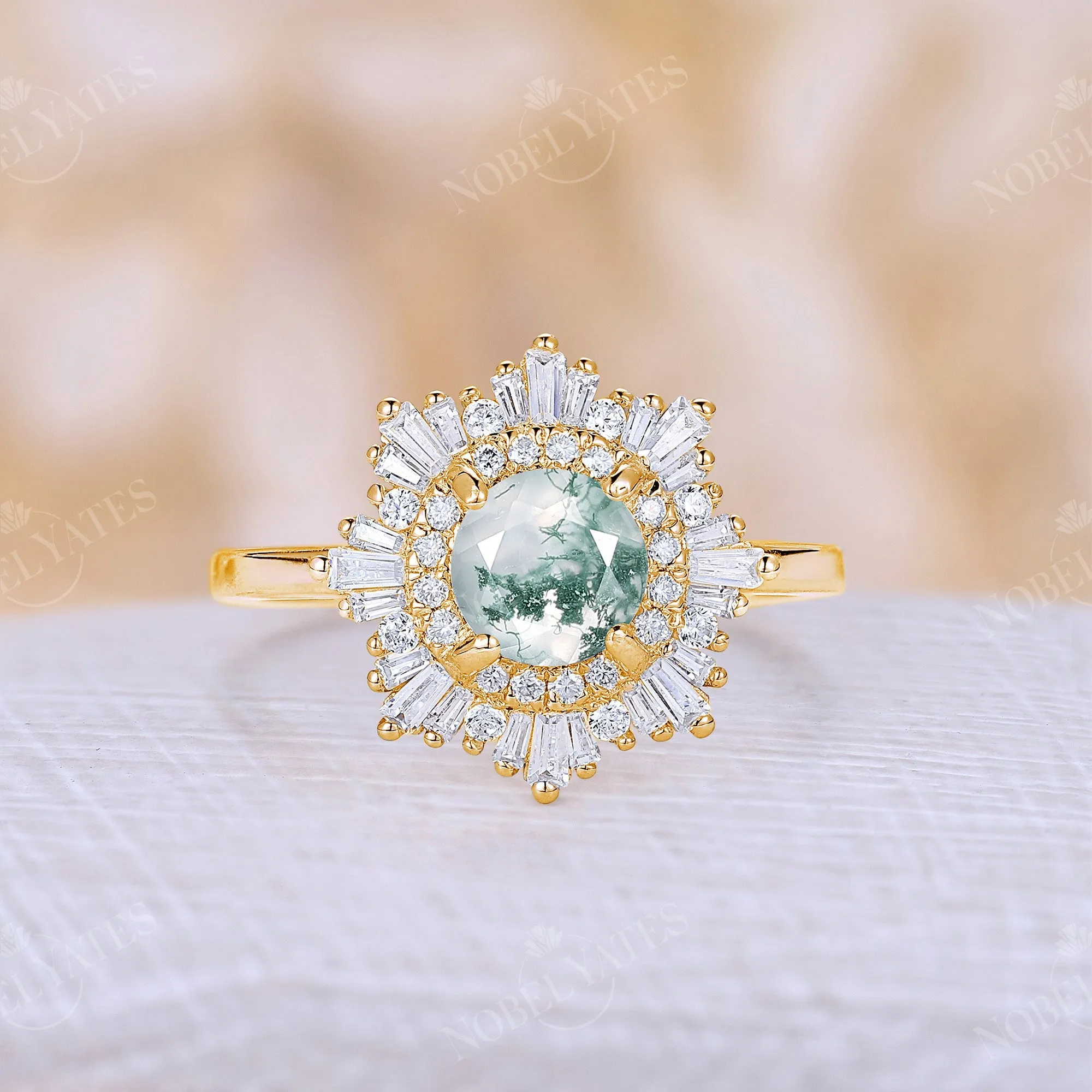 Moss Agate Art Deco Round Halo Engagement Ring White Gold