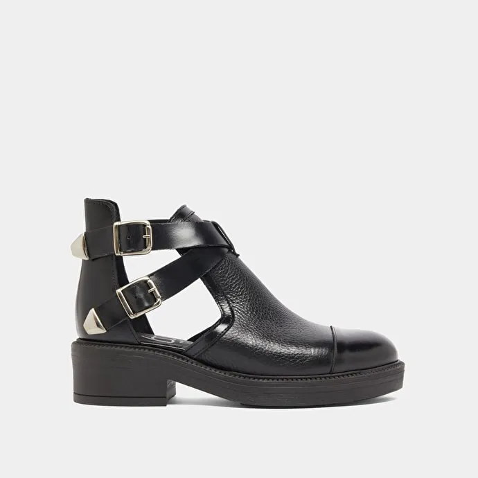 Open-toe buckle lowboots in black grained leather and black leather