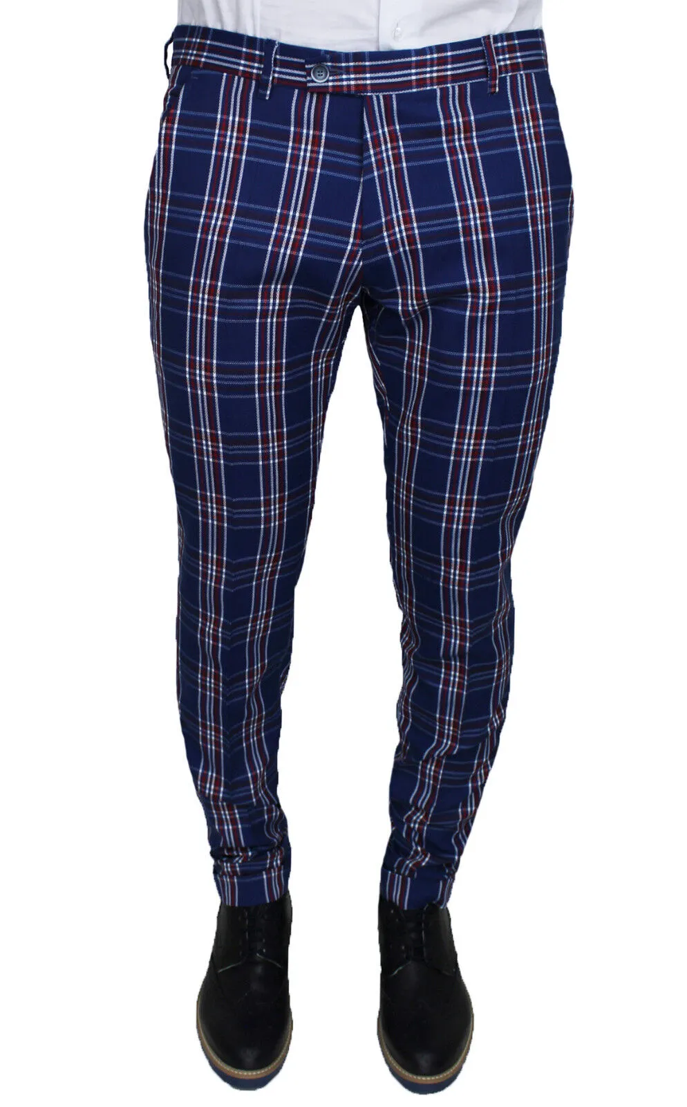 PANTALONI UOMO DIAMOND SARTORIALE BLU QUADRI CASUAL ELEGANTI ESTIVI CON RISVOLTO