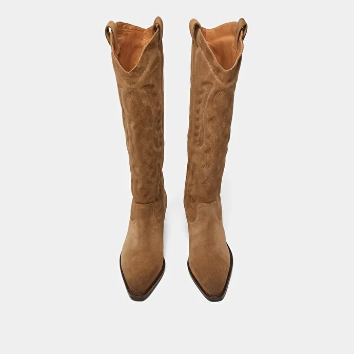 Pointed-toe boots with visible stitching in dark taupe suede