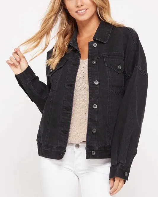 Premium Wash Cotton Denim Jacket in Black