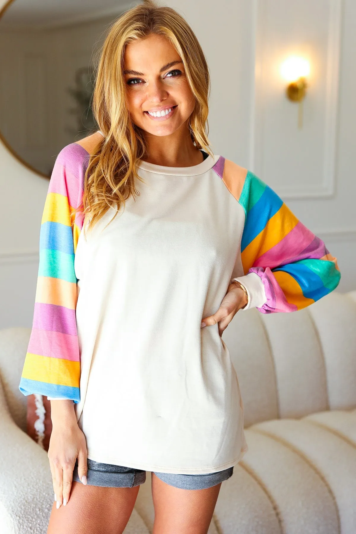 Rainbow Bubble Sleeve Terry Raglan Top