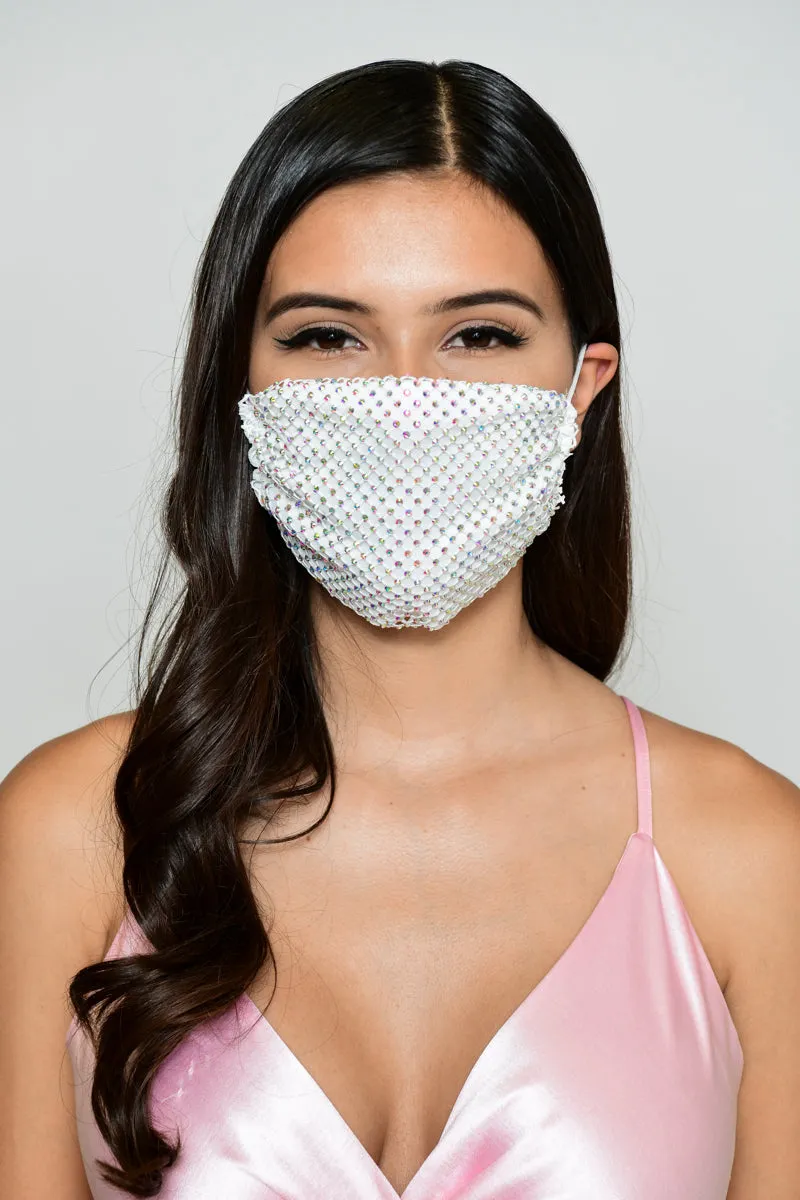 Rhinestone Mesh Face Mask - White