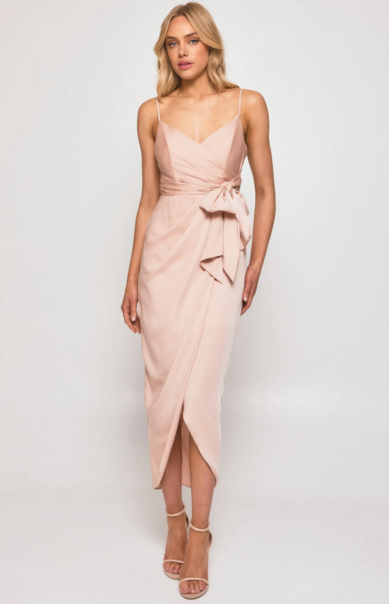 Satin Midi Dress with Tulip Hem and Pleated Details (SDR1287A)