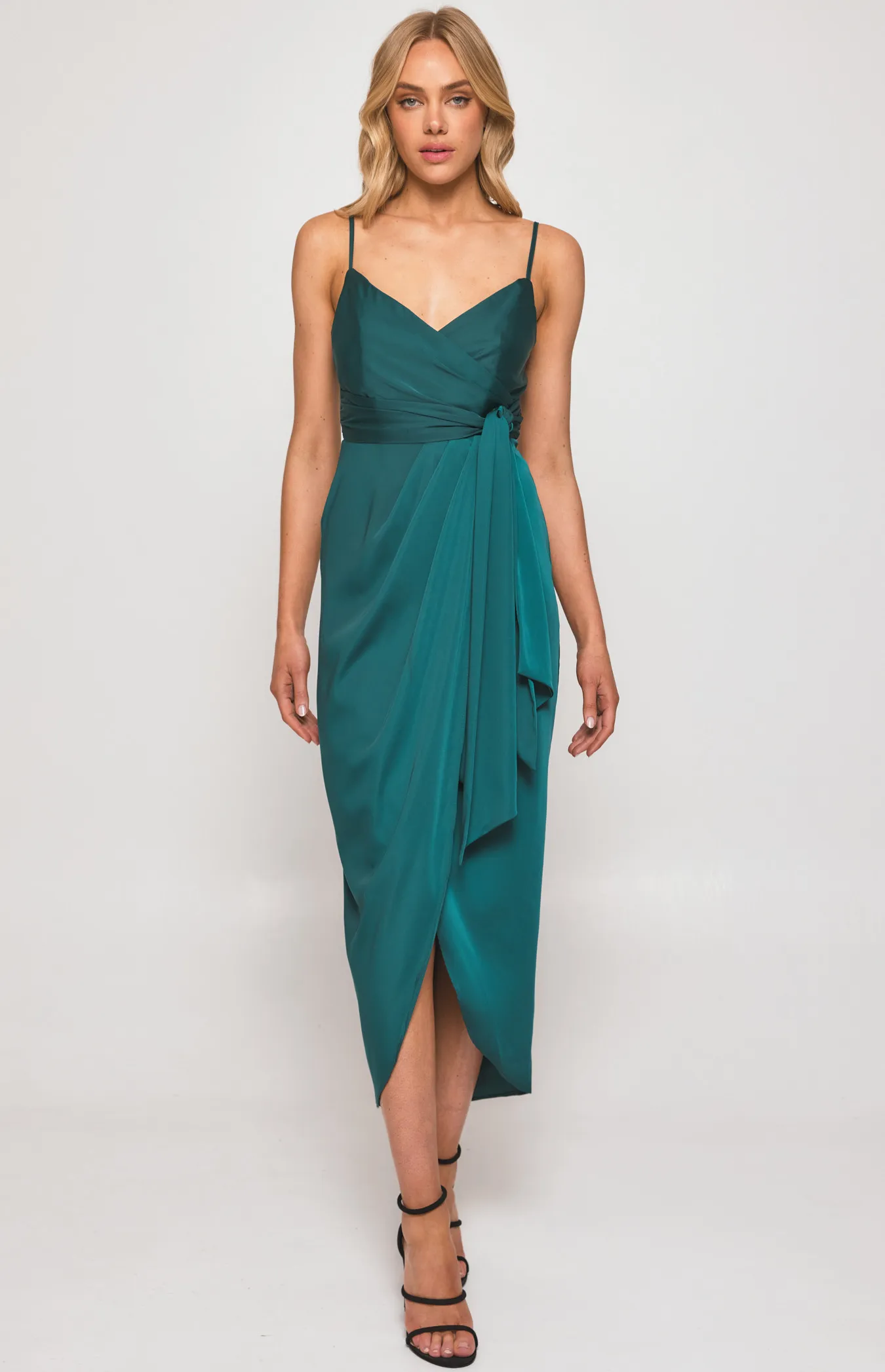 Satin Midi Dress with Tulip Hem and Pleated Details (SDR1287A)