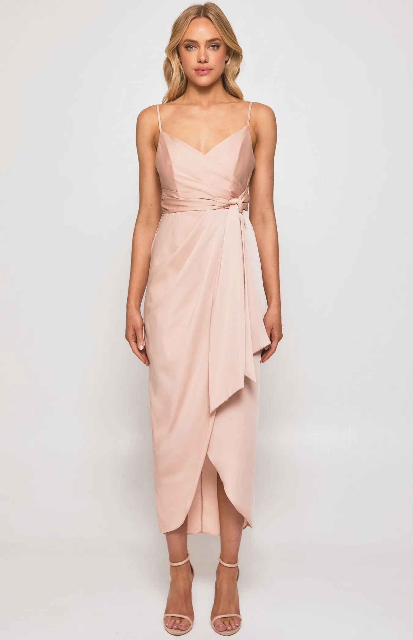 Satin Midi Dress with Tulip Hem and Pleated Details (SDR1287A)