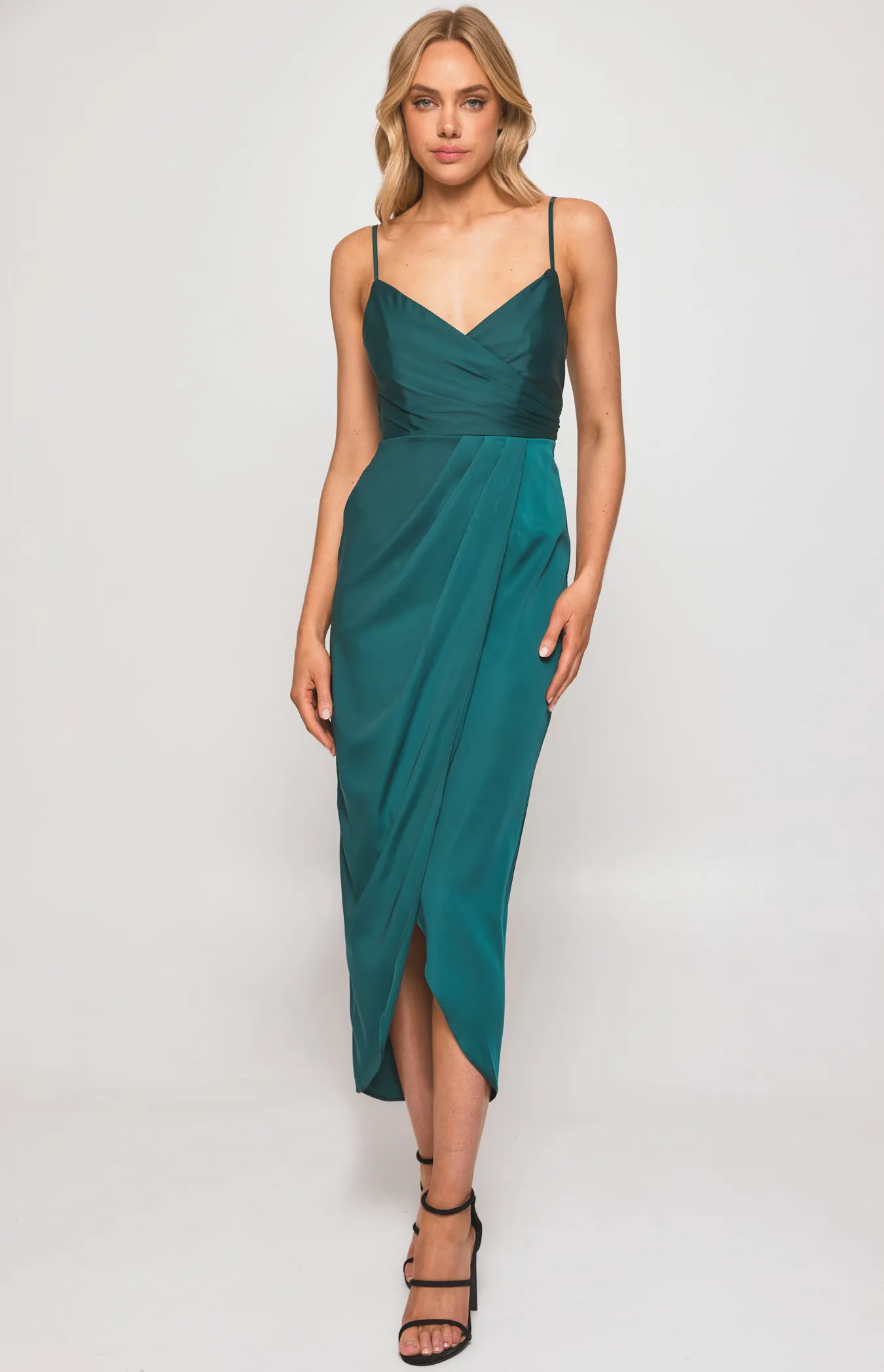 Satin Midi Dress with Tulip Hem and Pleated Details (SDR1287A)