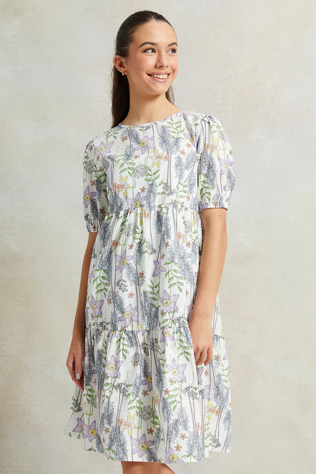 Senior Girls White With Floral Print Dress