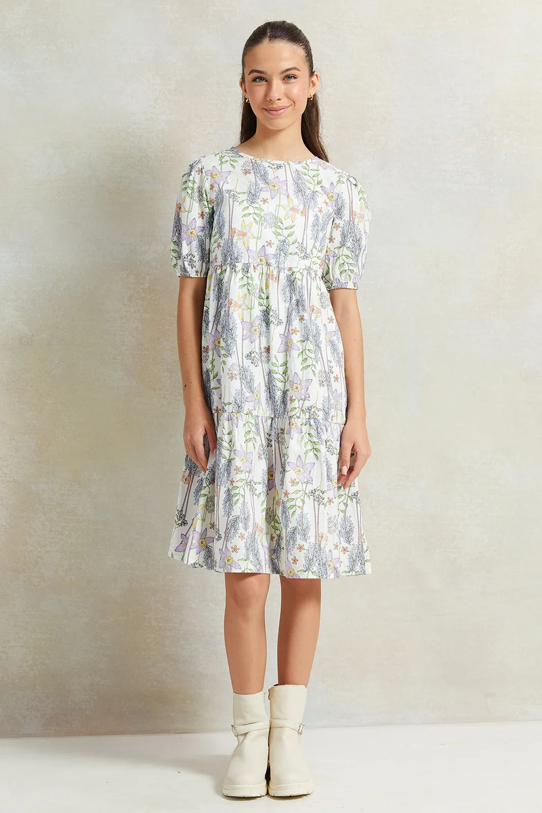 Senior Girls White With Floral Print Dress