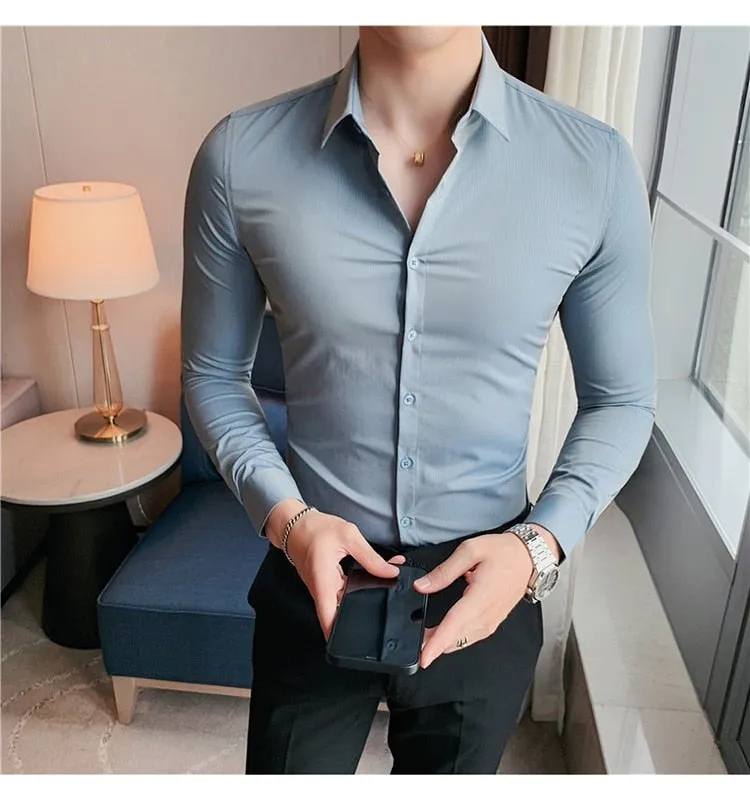 Slim Fit Striped British Style Long Sleeve Embroidery Collar Shirt for Men