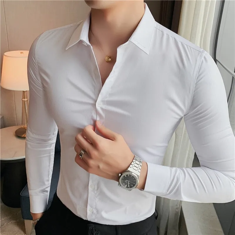 Slim Fit Striped British Style Long Sleeve Embroidery Collar Shirt for Men