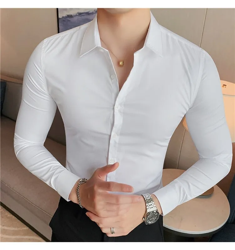 Slim Fit Striped British Style Long Sleeve Embroidery Collar Shirt for Men