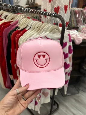 Smiley Face Trucker Hat with Heart Eyes