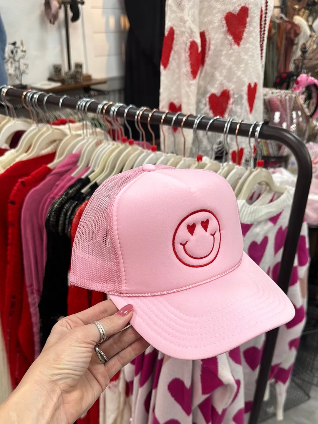 Smiley Face Trucker Hat with Heart Eyes