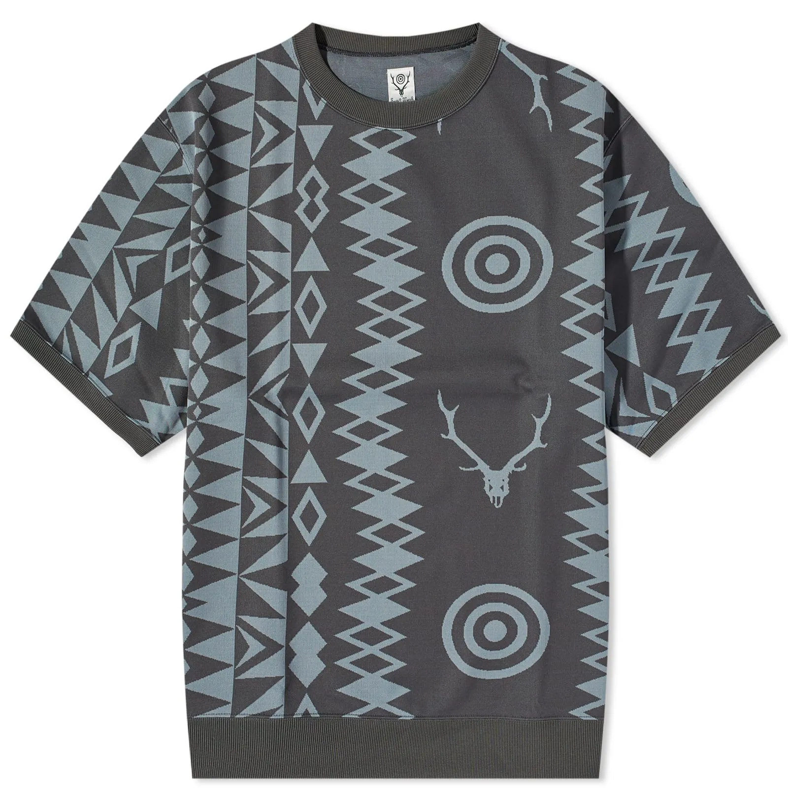 South2 West8 Skull & Target Short Sleeve SweaterCharcoal