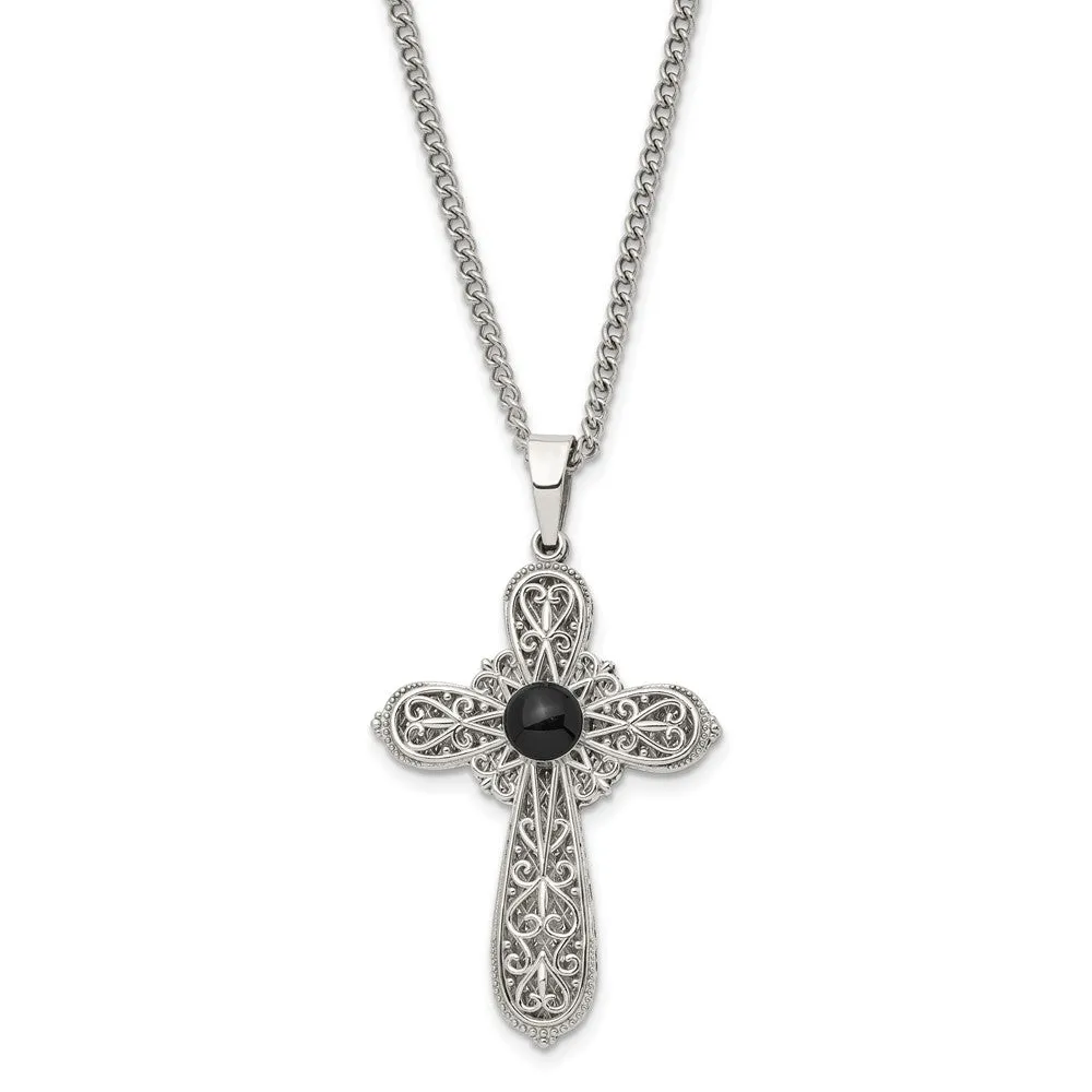 Stainless Steel & Black Epoxy Pentecost Prayer Cross Necklace, 24 Inch