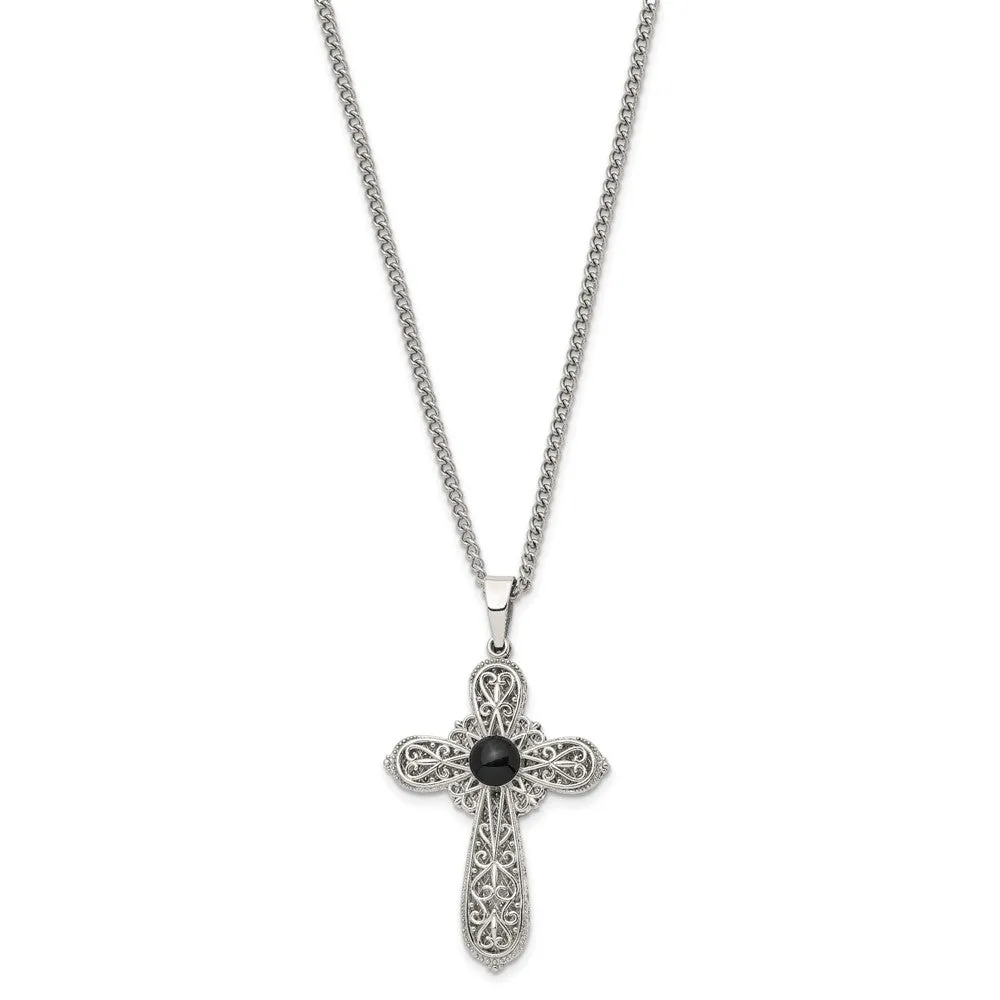 Stainless Steel & Black Epoxy Pentecost Prayer Cross Necklace, 24 Inch