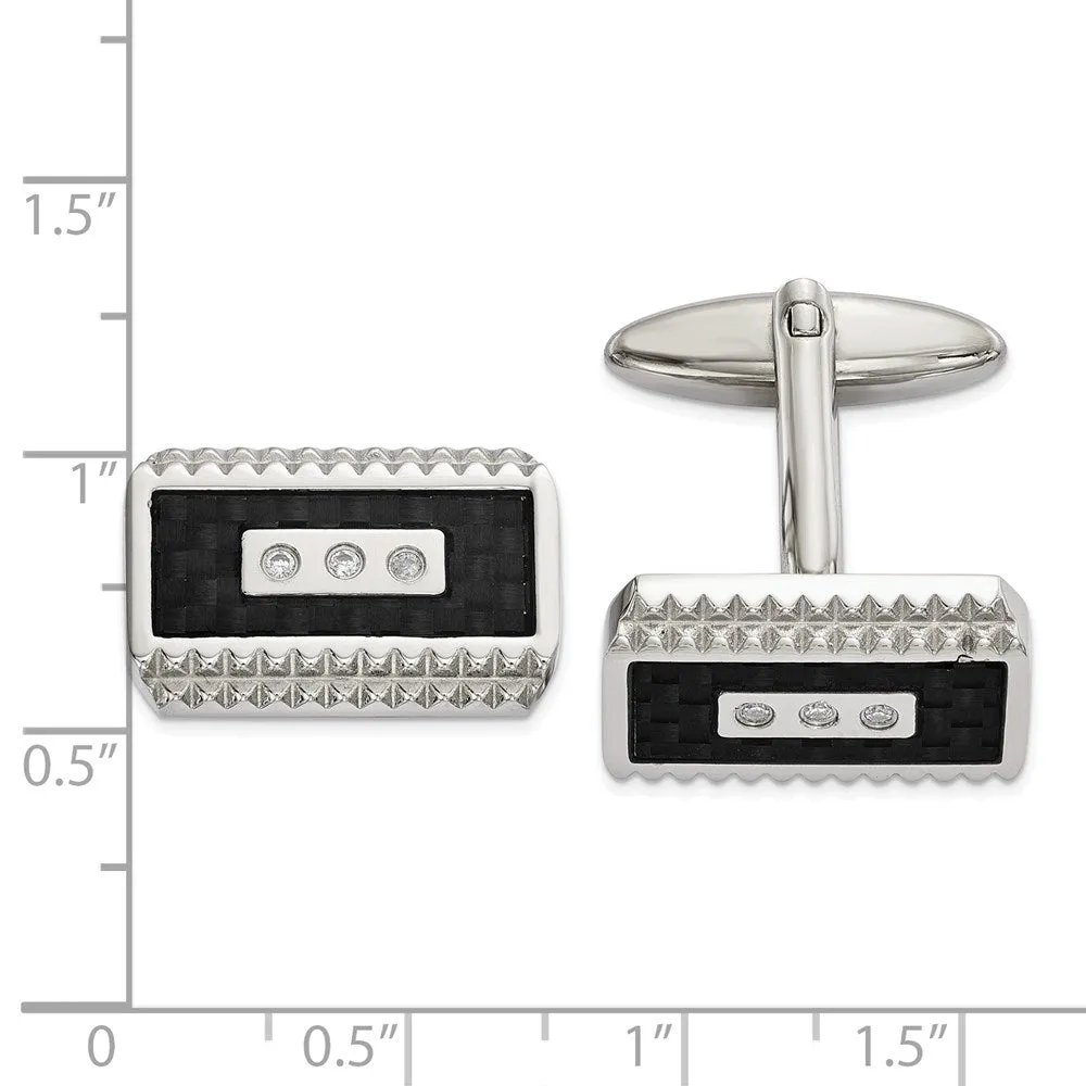 Stainless Steel Black Carbon Fiber & CZ Rectangle Cuff Links, 20x11mm