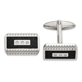 Stainless Steel Black Carbon Fiber & CZ Rectangle Cuff Links, 20x11mm