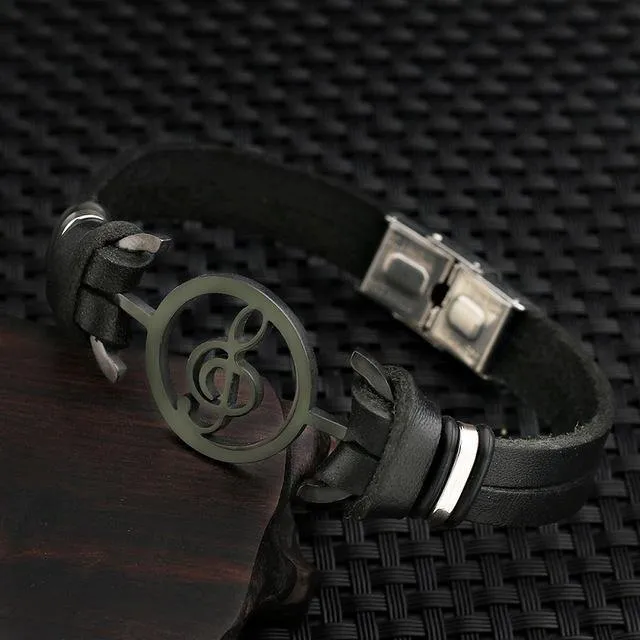 Stainless Steel G Clef Musical Leather Bracelet [6 Variants]