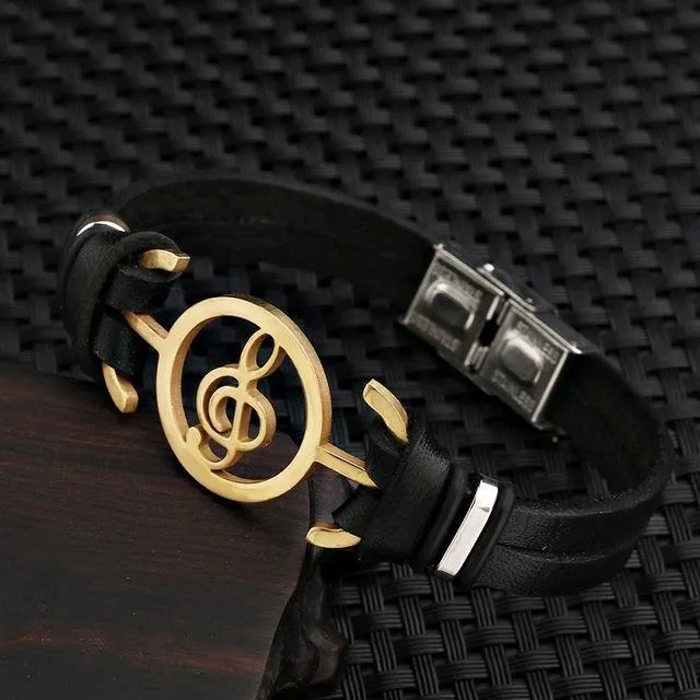 Stainless Steel G Clef Musical Leather Bracelet [6 Variants]