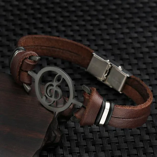 Stainless Steel G Clef Musical Leather Bracelet [6 Variants]