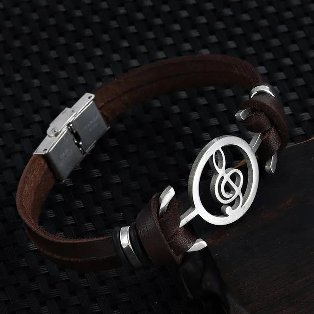 Stainless Steel G Clef Musical Leather Bracelet [6 Variants]