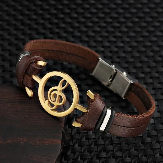 Stainless Steel G Clef Musical Leather Bracelet [6 Variants]