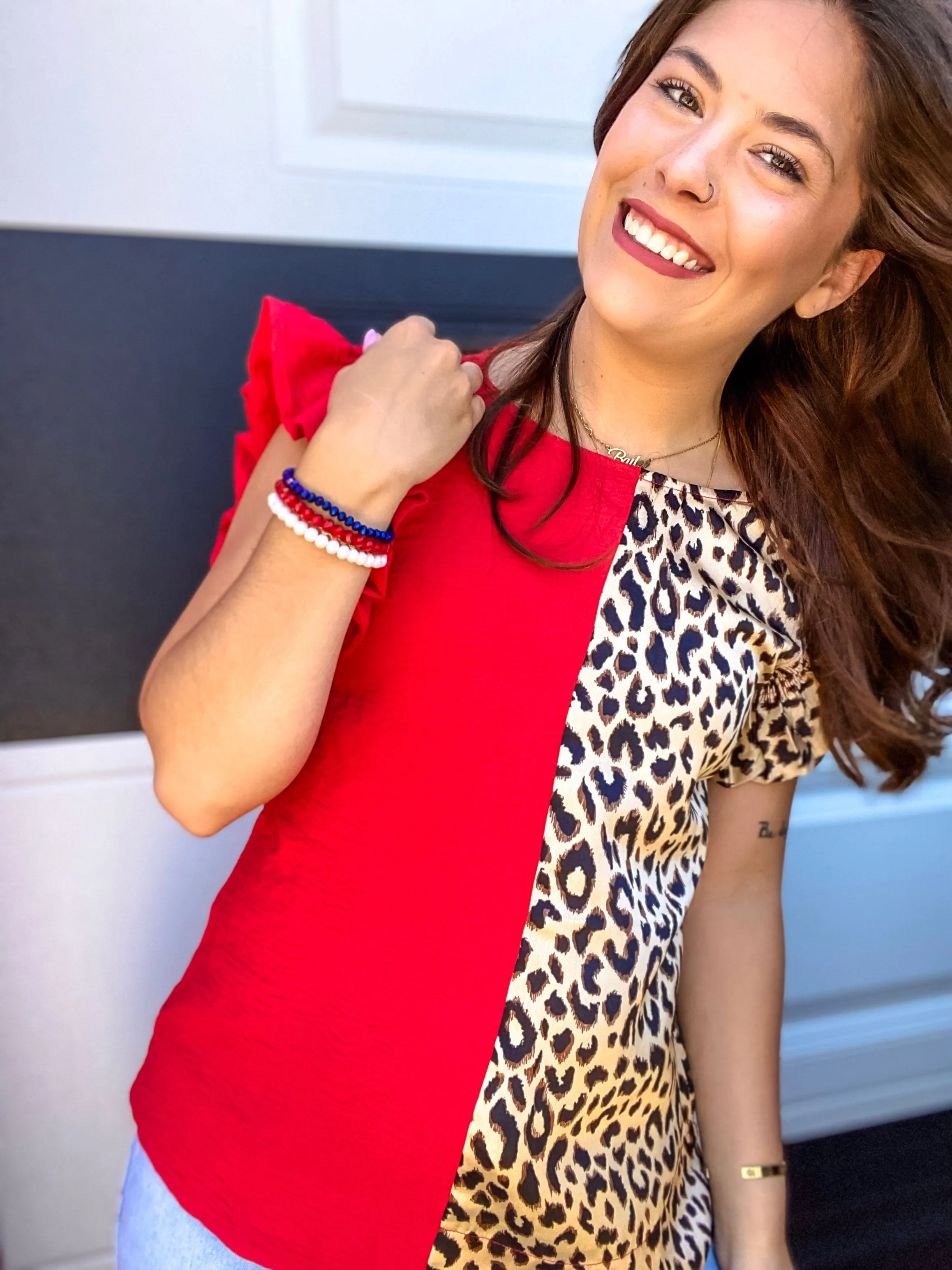 Tyla Split Leopard Top- Red