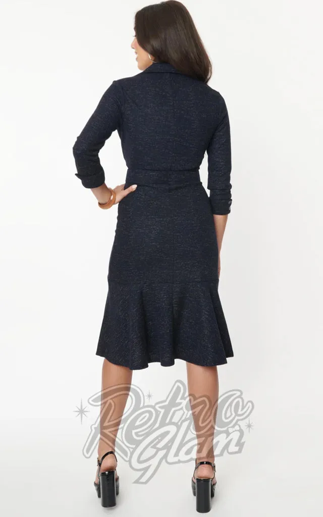 Unique Vintage Hildy Pencil Dress in Navy Blue Tweed - 1XL & 2XL left only