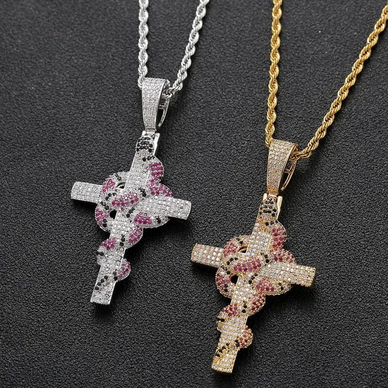 Unisex Hip Hop Rock Style Cubic Zirconia Cross Pendant Rope Chain Necklace