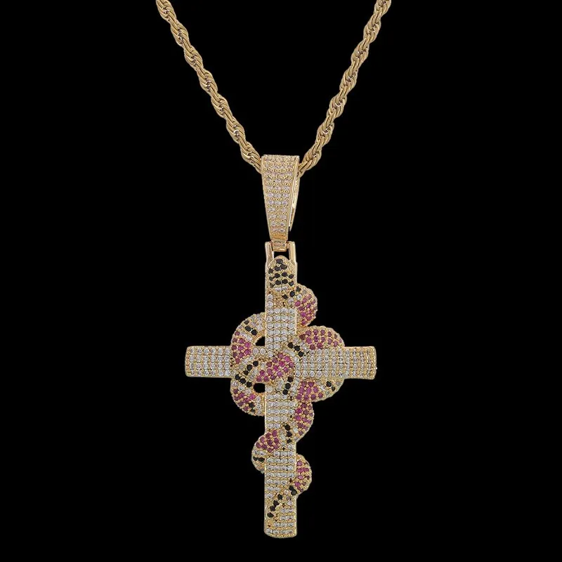 Unisex Hip Hop Rock Style Cubic Zirconia Cross Pendant Rope Chain Necklace