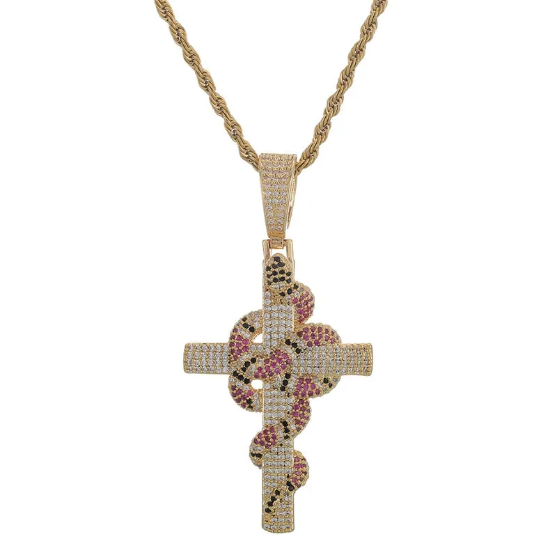 Unisex Hip Hop Rock Style Cubic Zirconia Cross Pendant Rope Chain Necklace