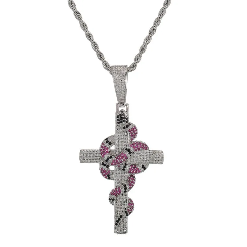 Unisex Hip Hop Rock Style Cubic Zirconia Cross Pendant Rope Chain Necklace