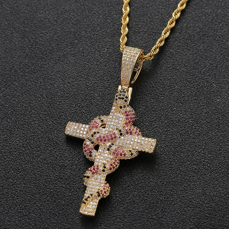 Unisex Hip Hop Rock Style Cubic Zirconia Cross Pendant Rope Chain Necklace