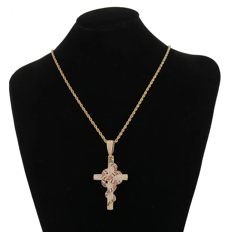 Unisex Hip Hop Rock Style Cubic Zirconia Cross Pendant Rope Chain Necklace