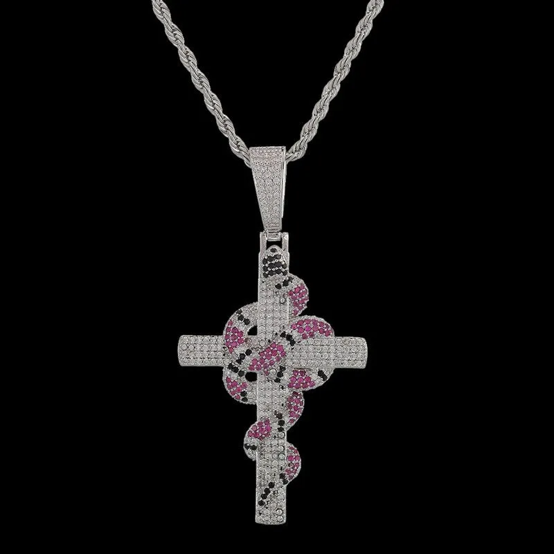 Unisex Hip Hop Rock Style Cubic Zirconia Cross Pendant Rope Chain Necklace