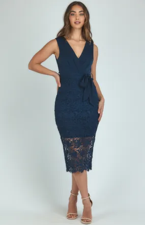 V-neckline Lace contrast Dress with Belt detail (ADR1018A)